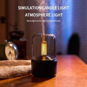 H2o Spray Mist Maker Fogger Aroma Diffuser Essential Oil Car Air Humidifier Mini Atmosphere Simulation Candle Light Humidifier (Color: Black)